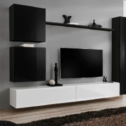 Garnero Arredamenti Parete attrezzata sospesa 280x180h cm moderna bianco e nero lucido Geo 07 Bianco Lucido - Nero Lucido Hot