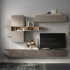 Garnero Arredamenti Parete attrezzata sospesa 276x190h cm moderna marrone tortora rovere Sunset 44 Tortora - Marrone Clearance