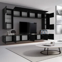 Garnero Arredamenti Parete attrezzata sospesa 300x185h cm porta tv con vetrine Mons Nero Lucido Sale