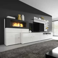 Garnero Arredamenti Parete attrezzata 288x170h cm moderna reversibile con biocamino bianca Fire Gihome® Bianco Lucido - Bianco Lucido New