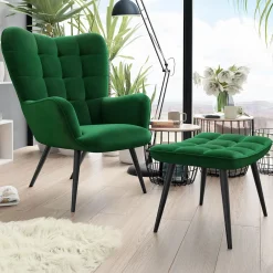 Garnero Arredamenti Poltrona imbottita con poggiapiedi in velluto Siena Verde Discount