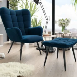 Garnero Arredamenti Poltrona imbottita con poggiapiedi in velluto Siena Blu Discount