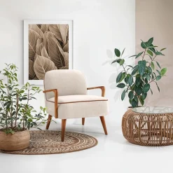 Garnero Arredamenti Poltrona moderna design in stoffa beige chiaro e gambe legno noce chiaro Bled Hot