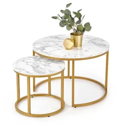 Garnero Arredamenti Set 2 tavolini rotondi da salotto effetto marmo bianco oro Lepi Online