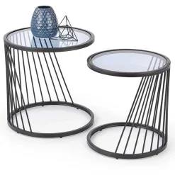 Garnero Arredamenti Set 2 tavolini 40x30cm da salotto rotondi vetro fumè acciaio nero Foglia Best