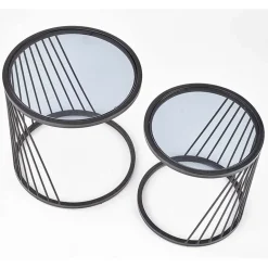 Garnero Arredamenti Set 2 tavolini 40x30cm da salotto rotondi vetro fumè acciaio nero Foglia Best