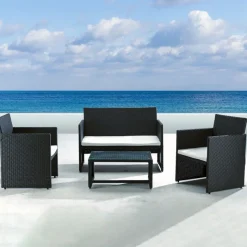 Garnero Arredamenti Set giardino 2 poltrone, divano e tavolino in rattan Mara Nero