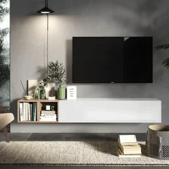 Garnero Arredamenti Set pensili 194x29h cm 1 anta 2 cubotti bianco lucido rovere chiaro Sunset 49 Bianco Lucido - Rovere Clearance