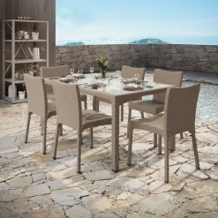 Garnero Arredamenti Set tavolo da giardino esterno bar dehors rettangolare 150x90cm + 6 sedie effetto rattan Conchiglia Tortora