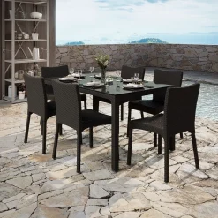 Garnero Arredamenti Set tavolo da giardino esterno bar dehors rettangolare 150x90cm + 6 sedie effetto rattan Conchiglia Marrone Clearance
