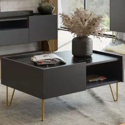 Garnero Arredamenti Tavolino da salotto 97x45cm 2 cassetti 1 vano a giorno grafite marmo nero Visby Discount