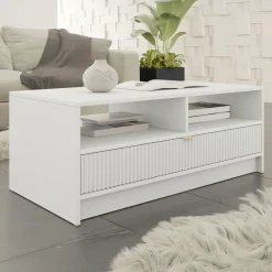 Garnero Arredamenti Tavolino da salotto 100x50cm con cassetto cannettato bianco Athena Bianco Opaco Outlet
