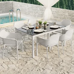 Garnero Arredamenti Tavolo moderno da giardino esterno bar dehors con vetro 150x90cm bianco Teodoro Bianco Opaco Discount