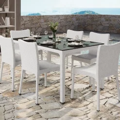 Garnero Arredamenti Tavolo 150x90cm da giardino esterno bar dehors polipropilene effetto rattan bianco e vetro Ezio Bianco Opaco Discount