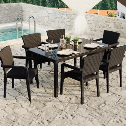Garnero Arredamenti Tavolo 150x90cm da giardino esterno bar dehors polipropilene effetto rattan e vetro Ezio Marrone Clearance