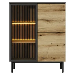 Garnero Arredamenti Vetrina bassa 100x126h cm 3 ante con led nero opaco rovere Amel Best