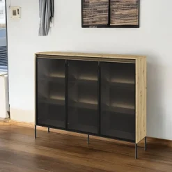 Garnero Arredamenti Vetrina bassa 150x118h cm 3 ante led nero Camelia Rovere Rustico New