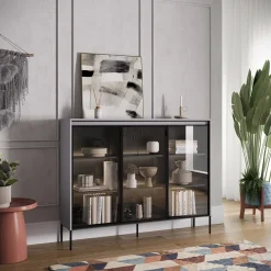 Garnero Arredamenti Vetrina bassa 150x118h cm 3 ante led nero Camelia Grigio Outlet