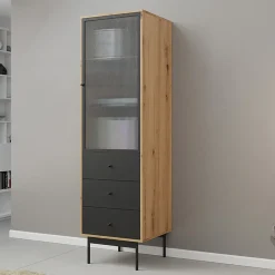 Garnero Arredamenti Vetrinetta 52x180h cm 1 anta 3 cassetti con led soggiorno rovere nero Herning Outlet