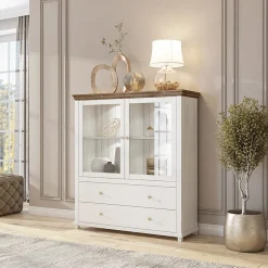 Garnero Arredamenti Vetrinetta 126x138h cm 2 ante 2 cassetti rovere Texel Bianco Frassinato Discount