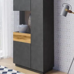 Garnero Arredamenti Vetrinetta 80x207h cm 2 ante sinistra moderna antracite rovere Bahama Antracite - Rovere Rustico Outlet