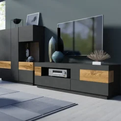 Garnero Arredamenti Vetrinetta 130x139h cm 3 ante soggiorno antracite rovere Bahama Antracite - Rovere Rustico Clearance