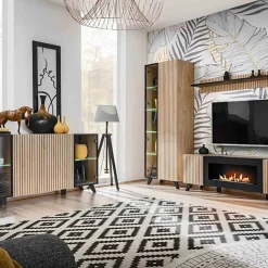 Garnero Arredamenti Vetrinetta 70x192h cm 2 ante soggiorno moderna noce con stampa nera Mendes Sale