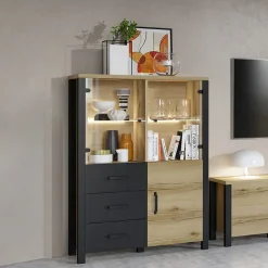 Garnero Arredamenti Vetrinetta 101x146h cm industrial 2 ante 3 cassetti rovere nero Nebraska Rovere - Nero opaco Hot